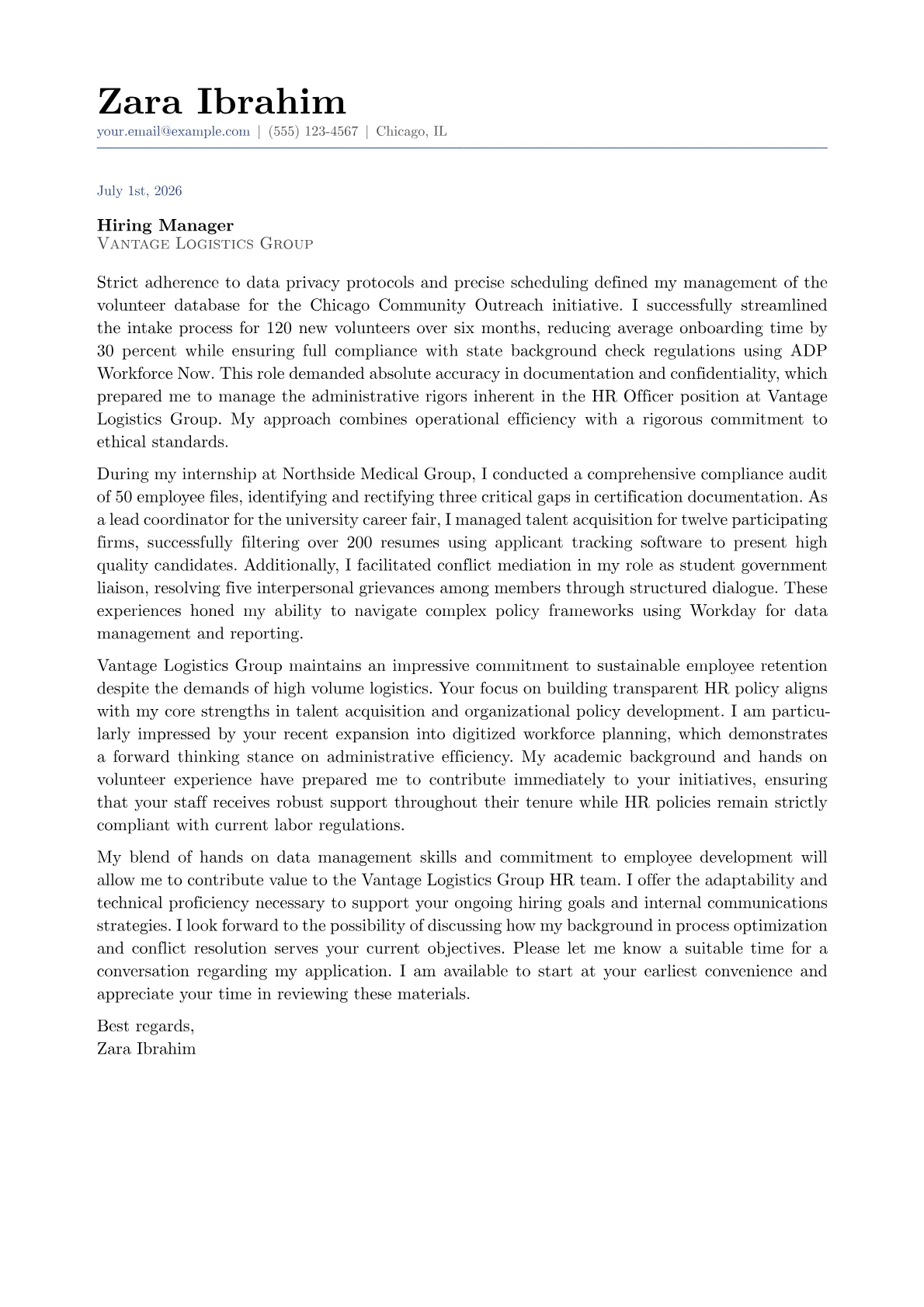HR Officer cover letter in the Classic design