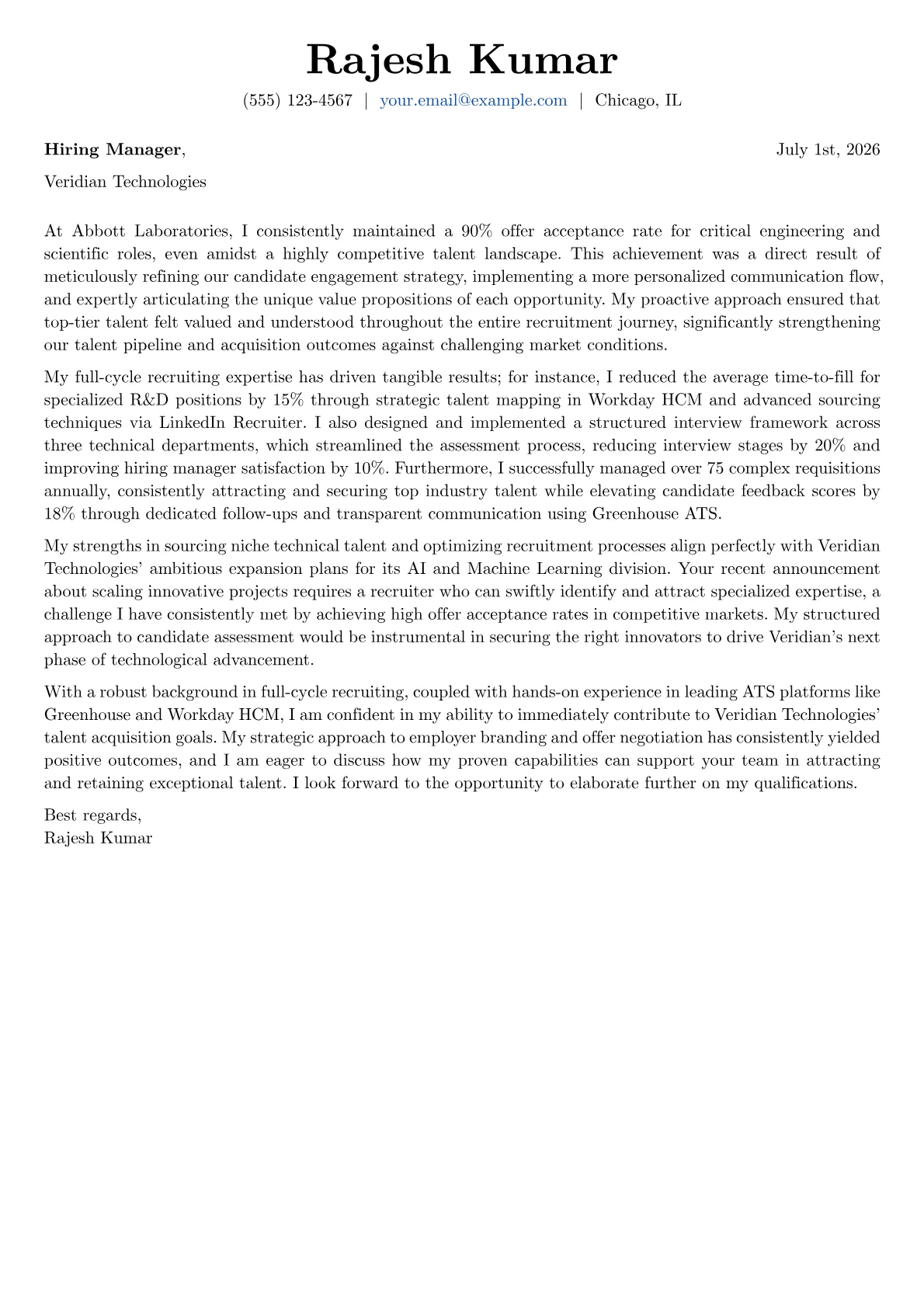 HR Recruiter cover letter formatted with a JobSprout template