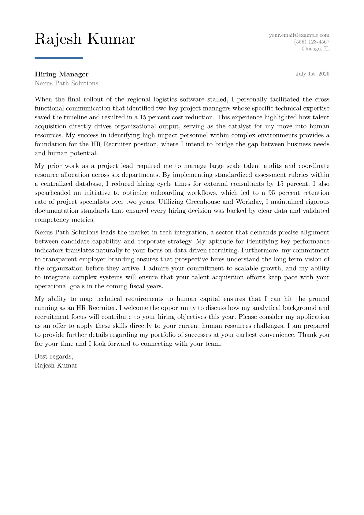 HR Recruiter cover letter in the Executive design