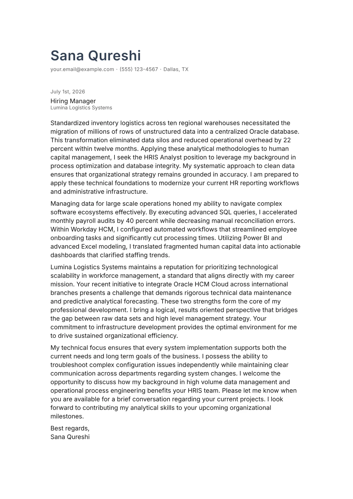 HRIS Analyst cover letter in the Minimal design