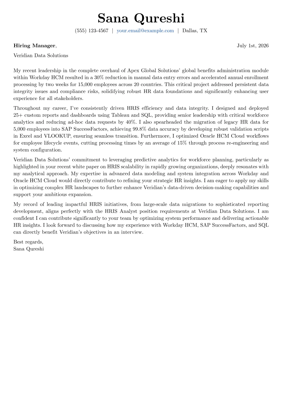 HRIS Analyst cover letter formatted with a JobSprout template