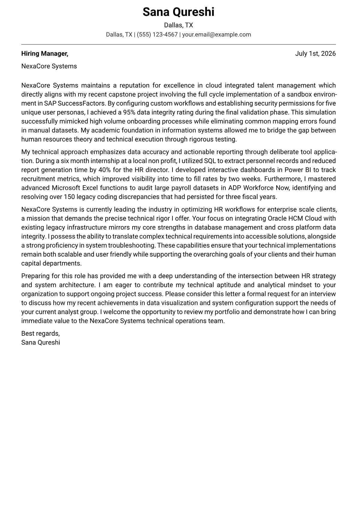 HRIS Analyst cover letter in the Modern design