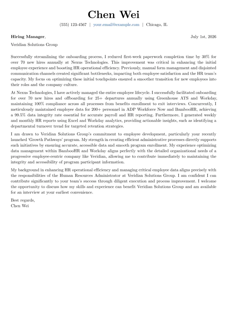 Human Resources Administrator cover letter example