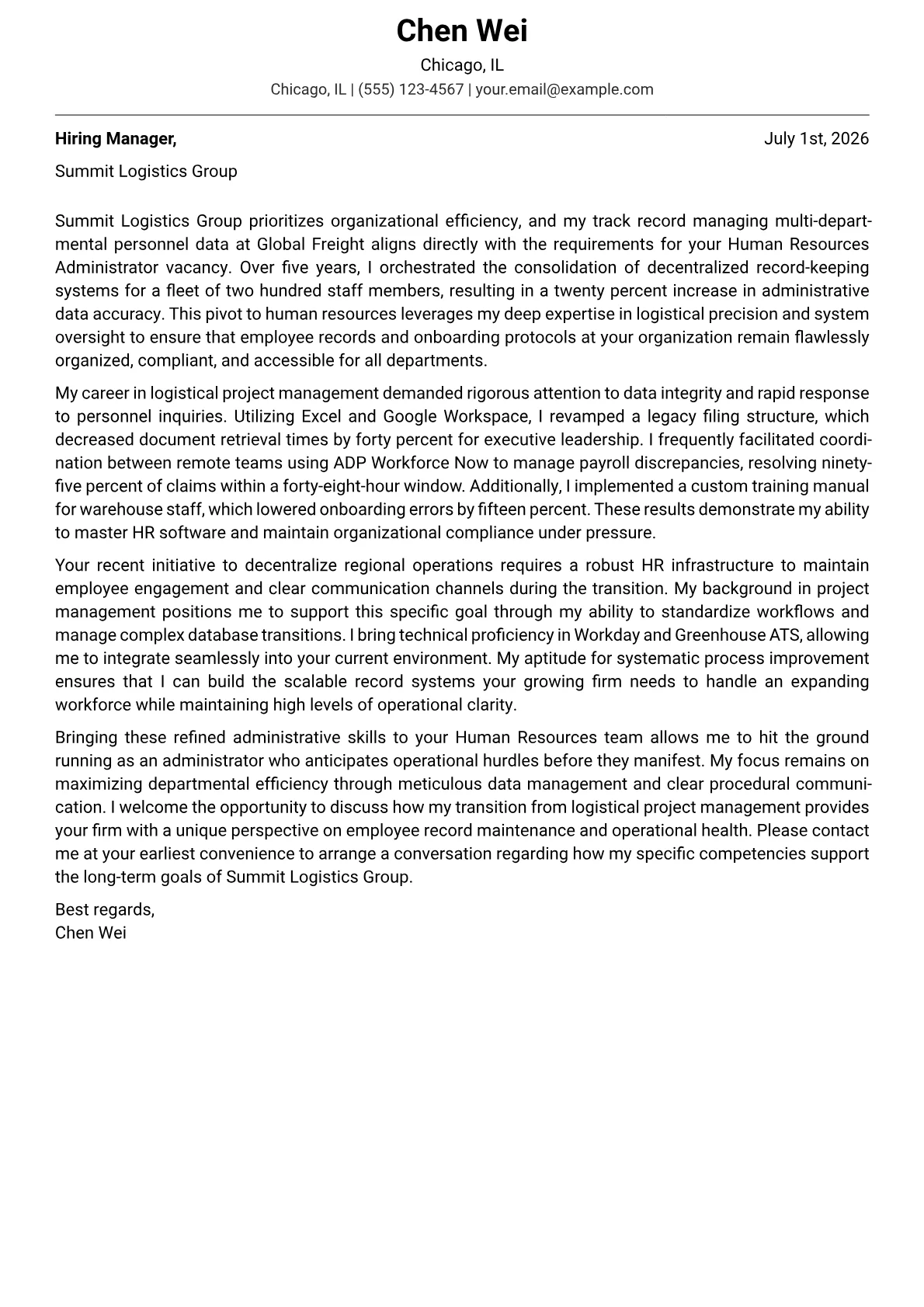 Human Resources Administrator cover letter in the Modern design