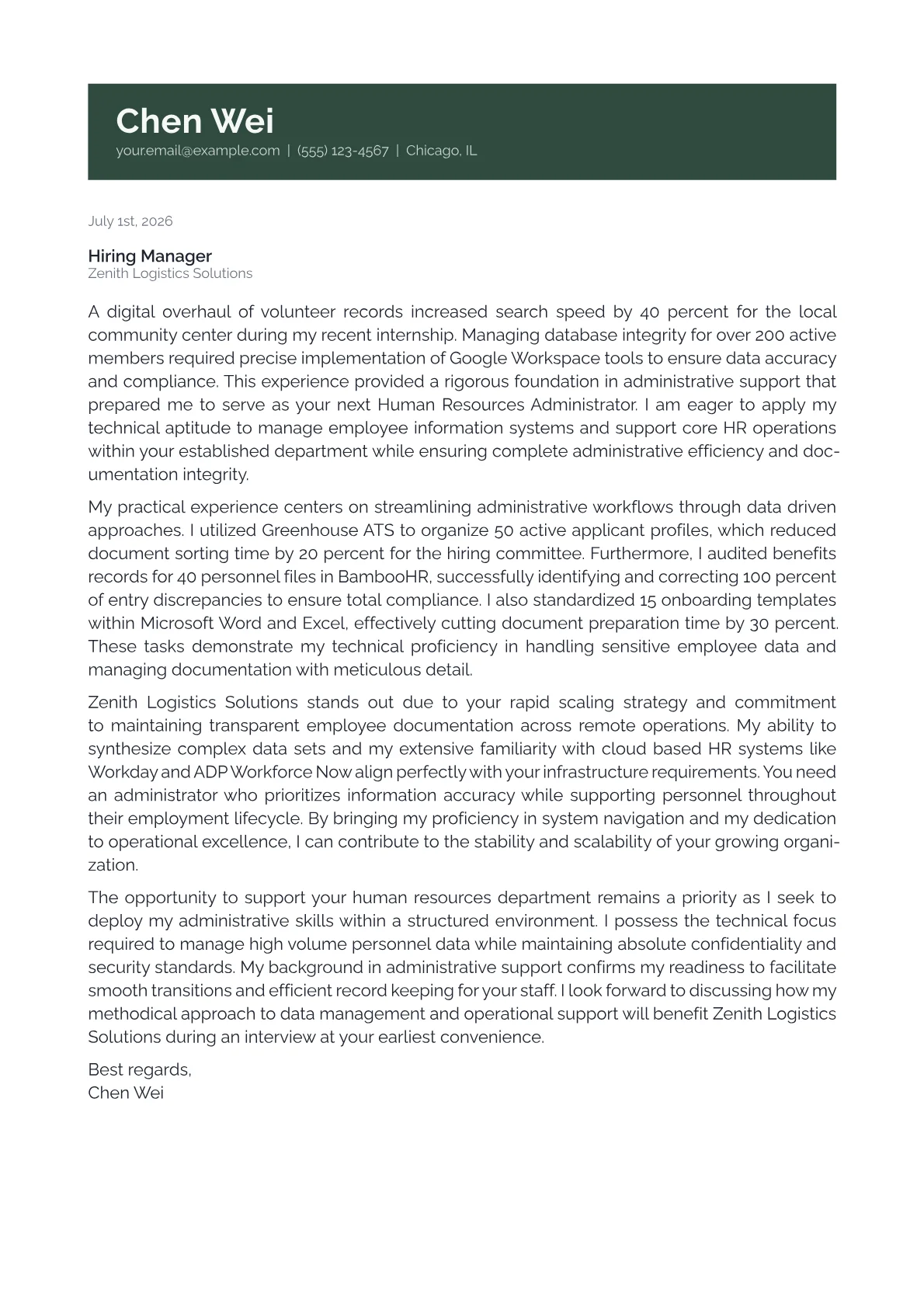 Human Resources Administrator cover letter in the Banner design