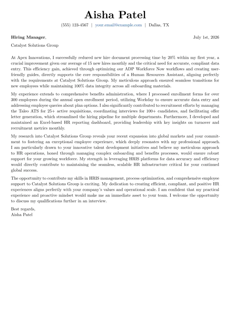 Human Resources Assistant Cover Letter Example