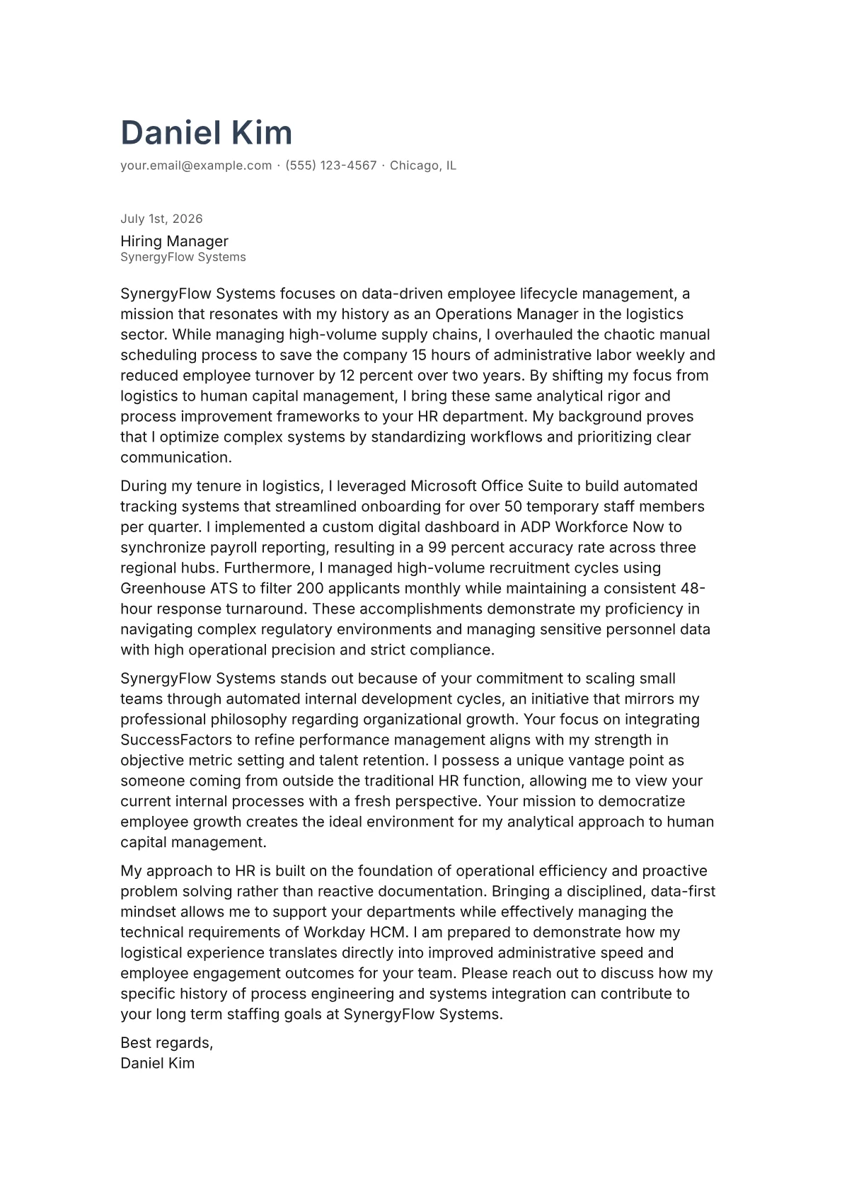 Human Resources cover letter in the Minimal design