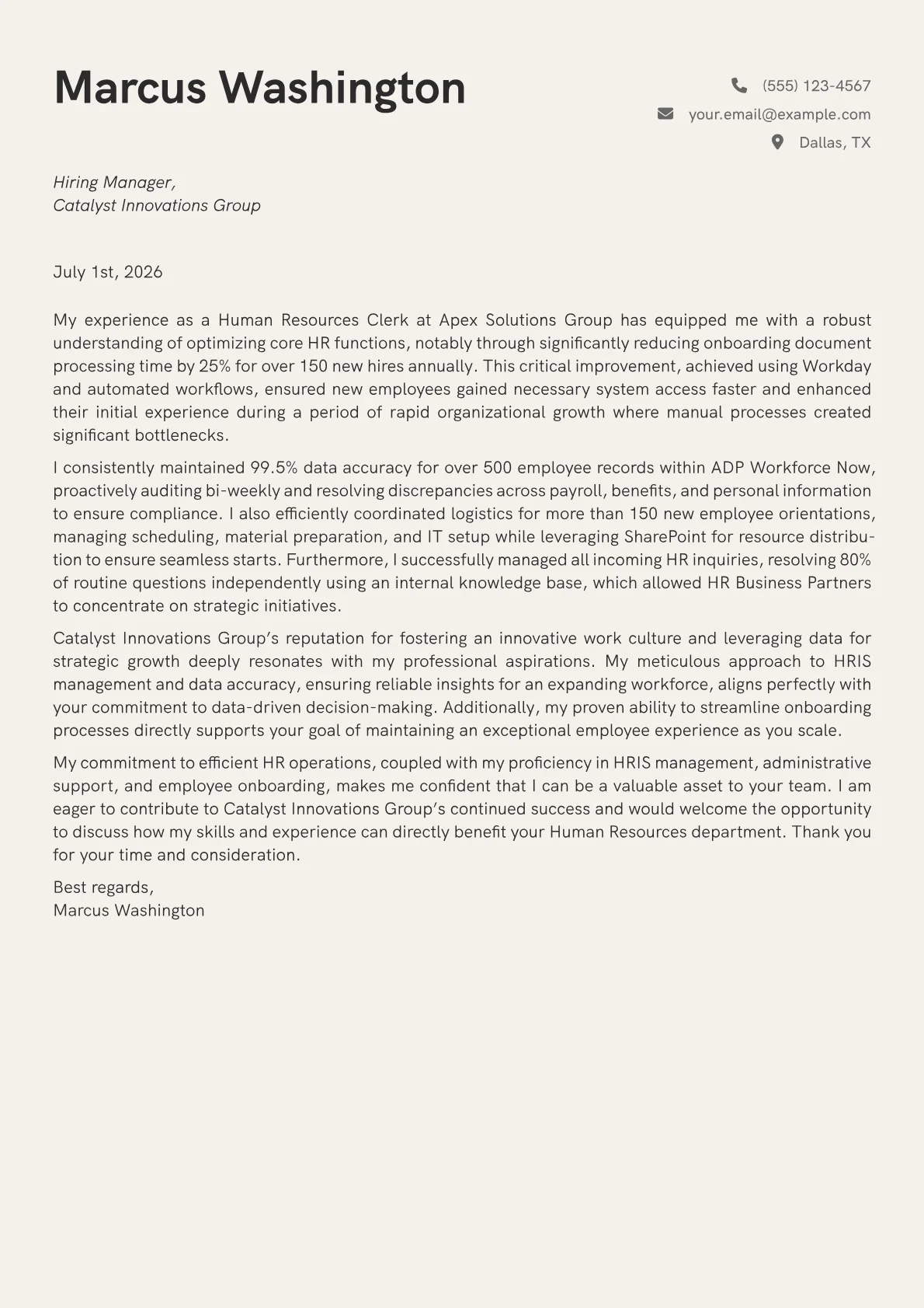 Human Resources Clerk cover letter formatted with a JobSprout template