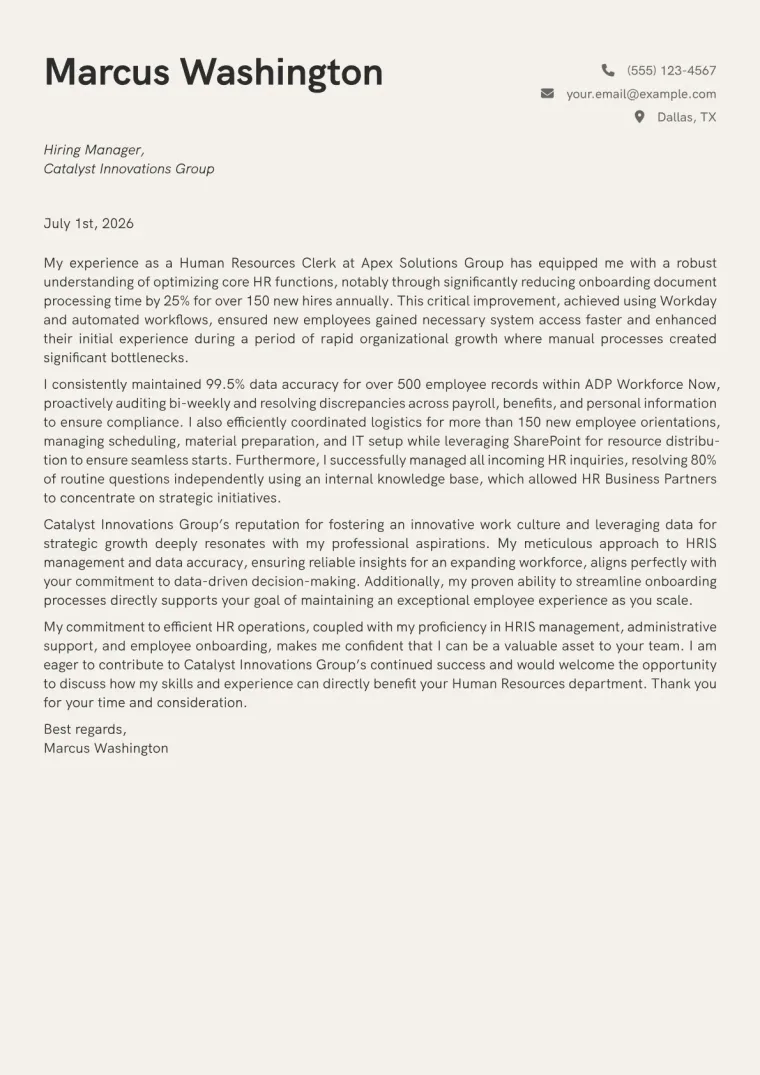 Human Resources Clerk Cover Letter Example