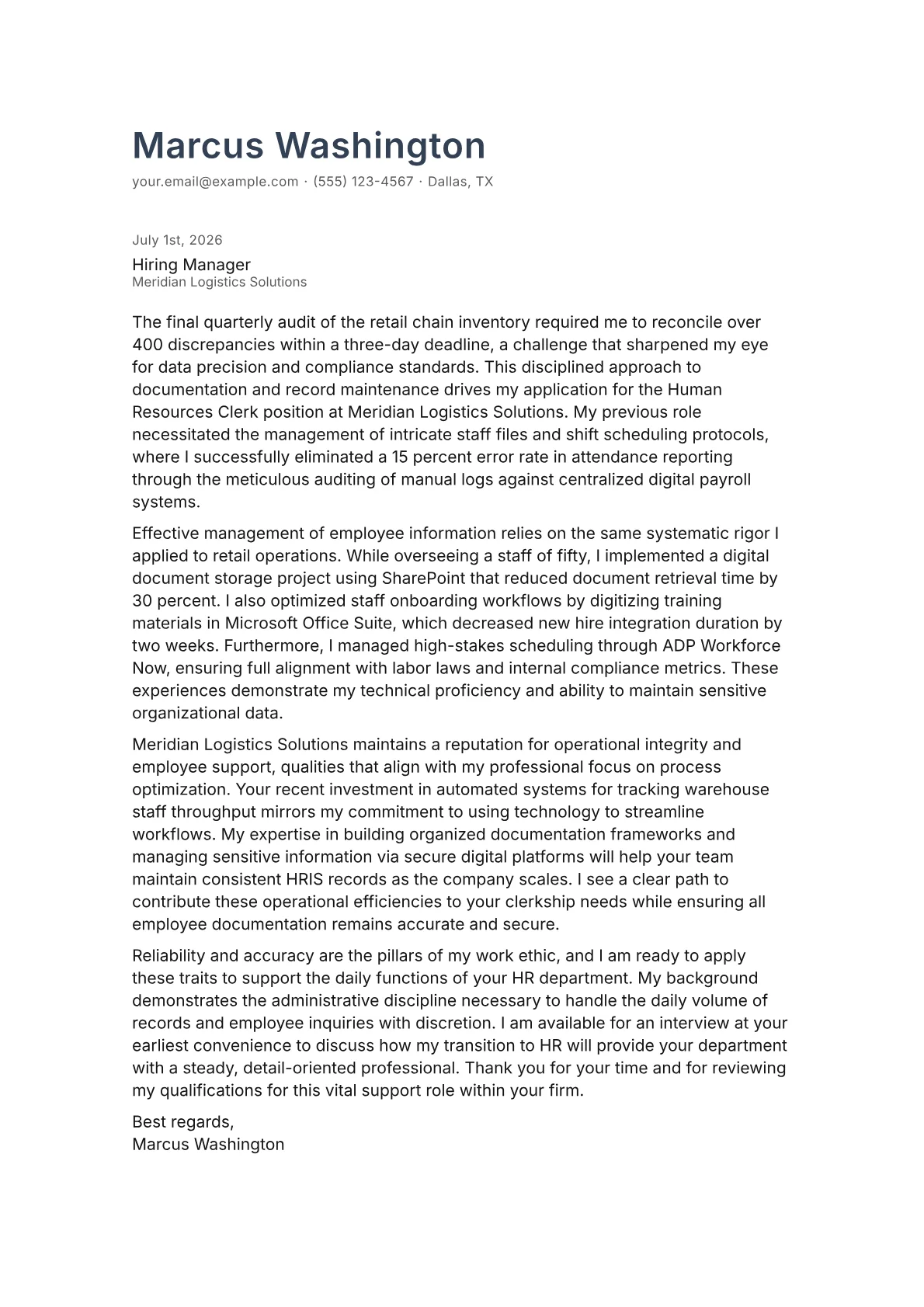 Human Resources Clerk cover letter in the Minimal design