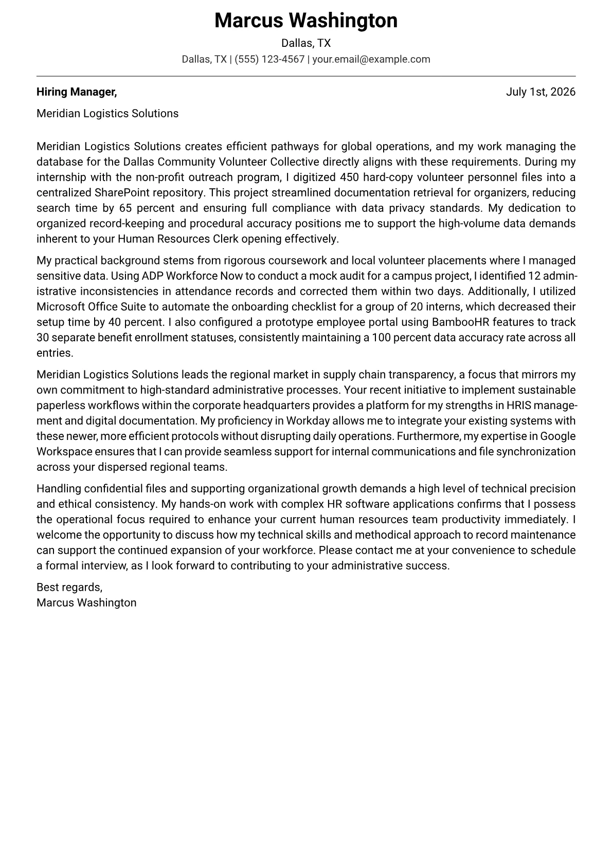 Human Resources Clerk cover letter in the Modern design