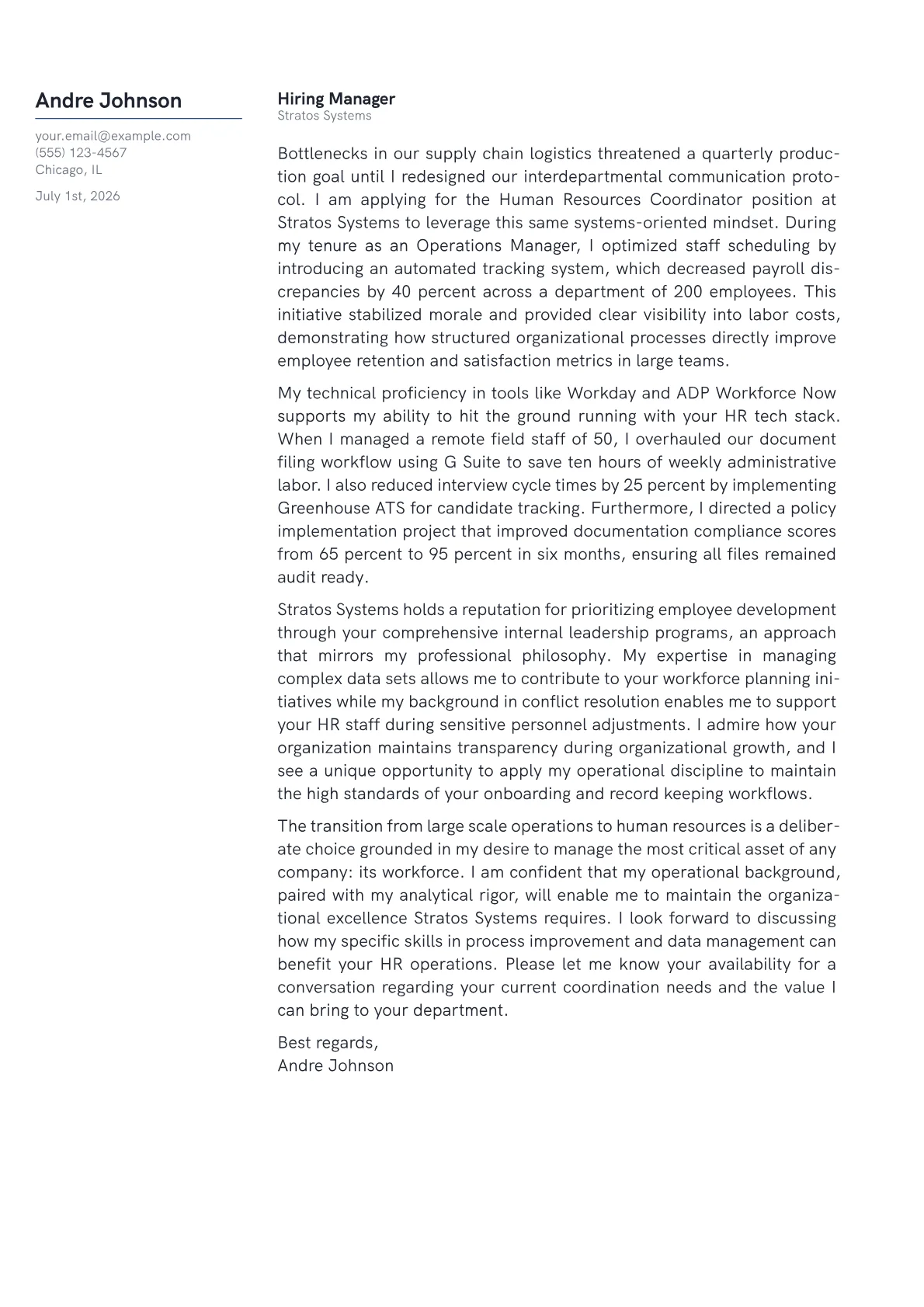 Human Resources Coordinator cover letter in the Margin design