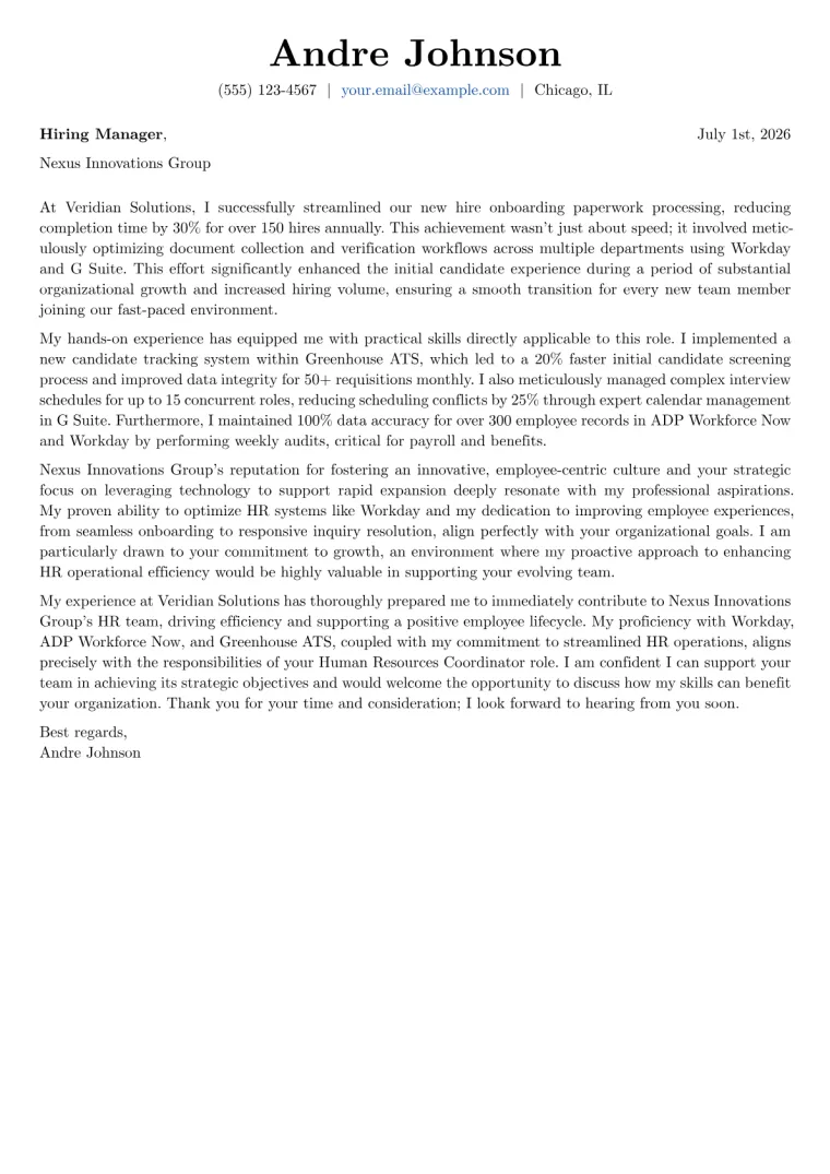 Human Resources Coordinator cover letter example