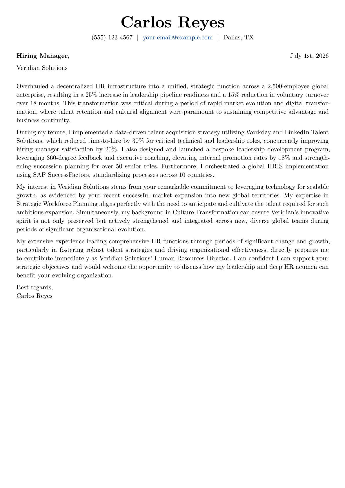 Human Resources Director cover letter formatted with a JobSprout template