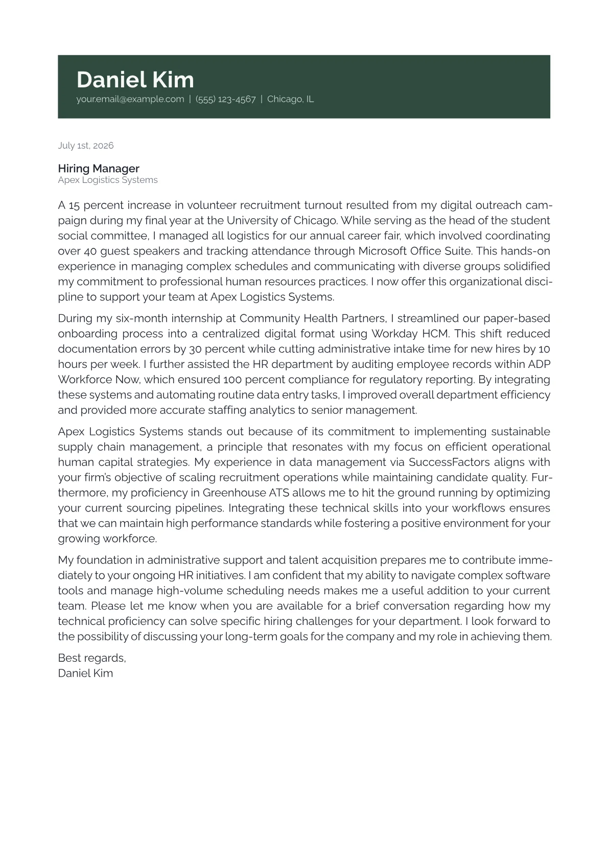 Human Resources cover letter in the Banner design