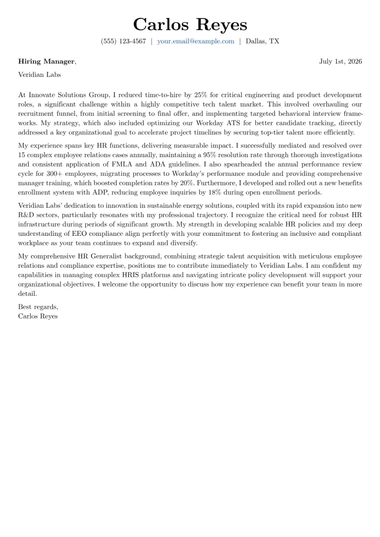 Human Resources Generalist Cover Letter Example