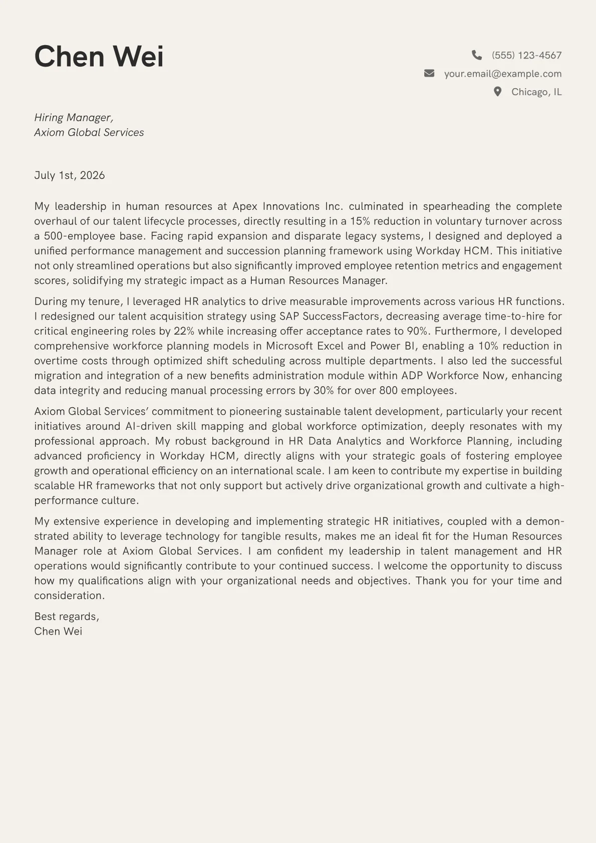 Human Resources Manager cover letter formatted with a JobSprout template