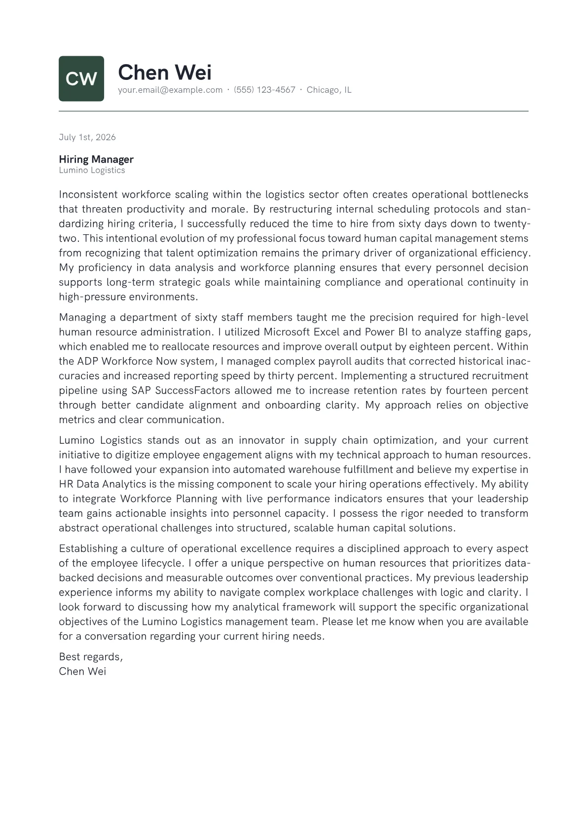 Human Resources Manager cover letter in the Emblem design