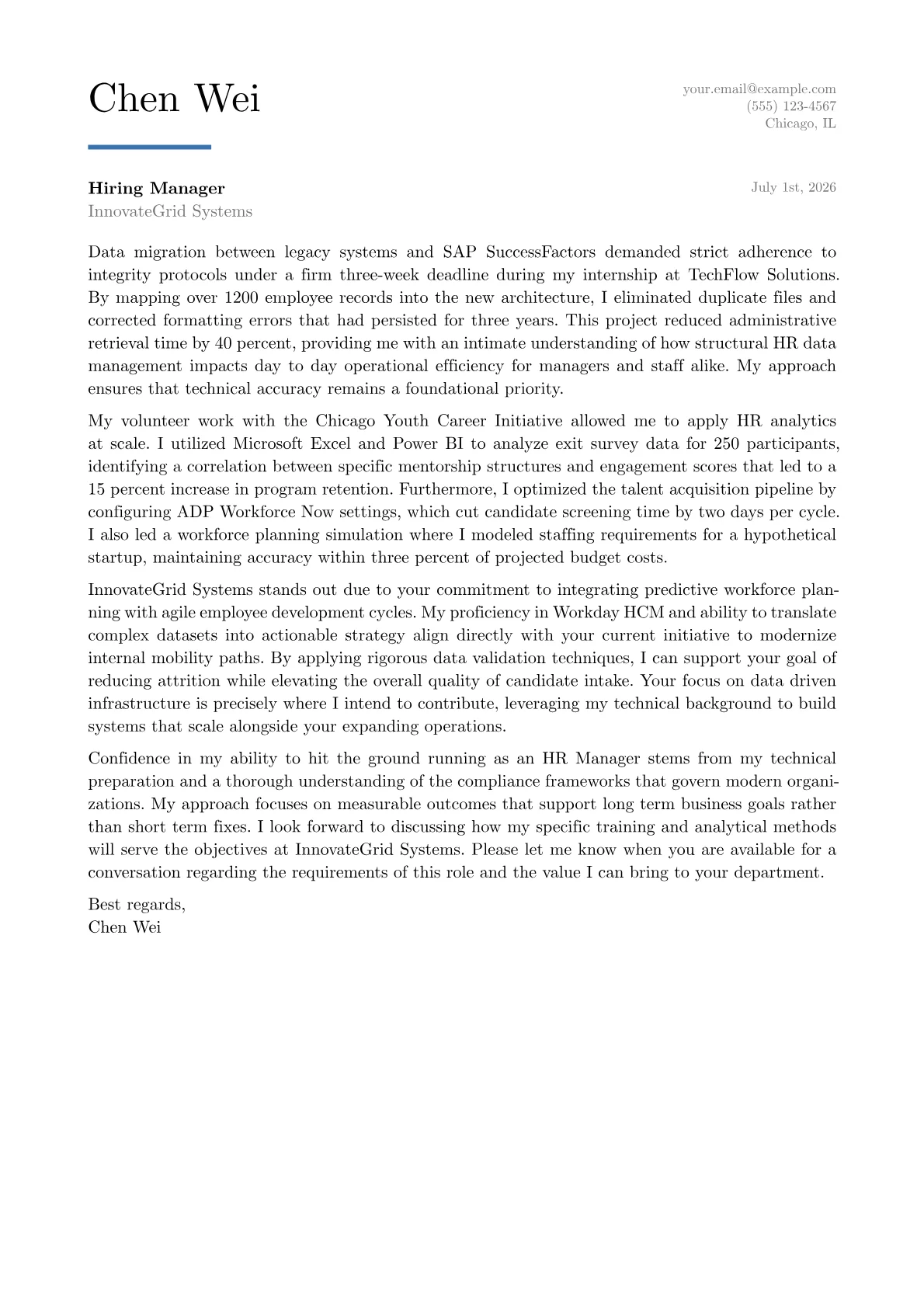 Human Resources Manager cover letter in the Executive design