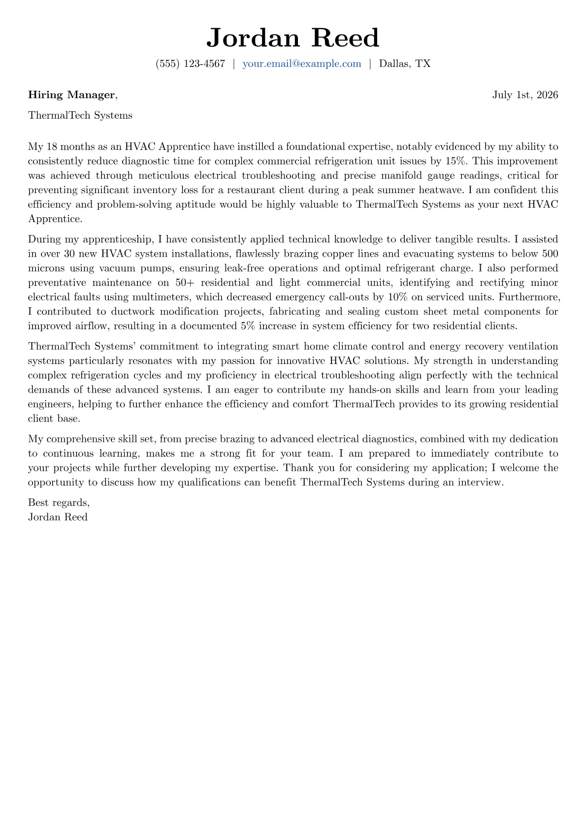 HVAC Apprentice cover letter formatted with a JobSprout template