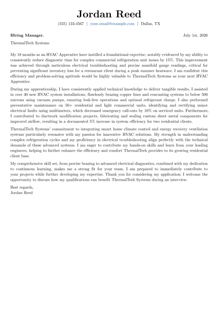HVAC Apprentice cover letter example preview
