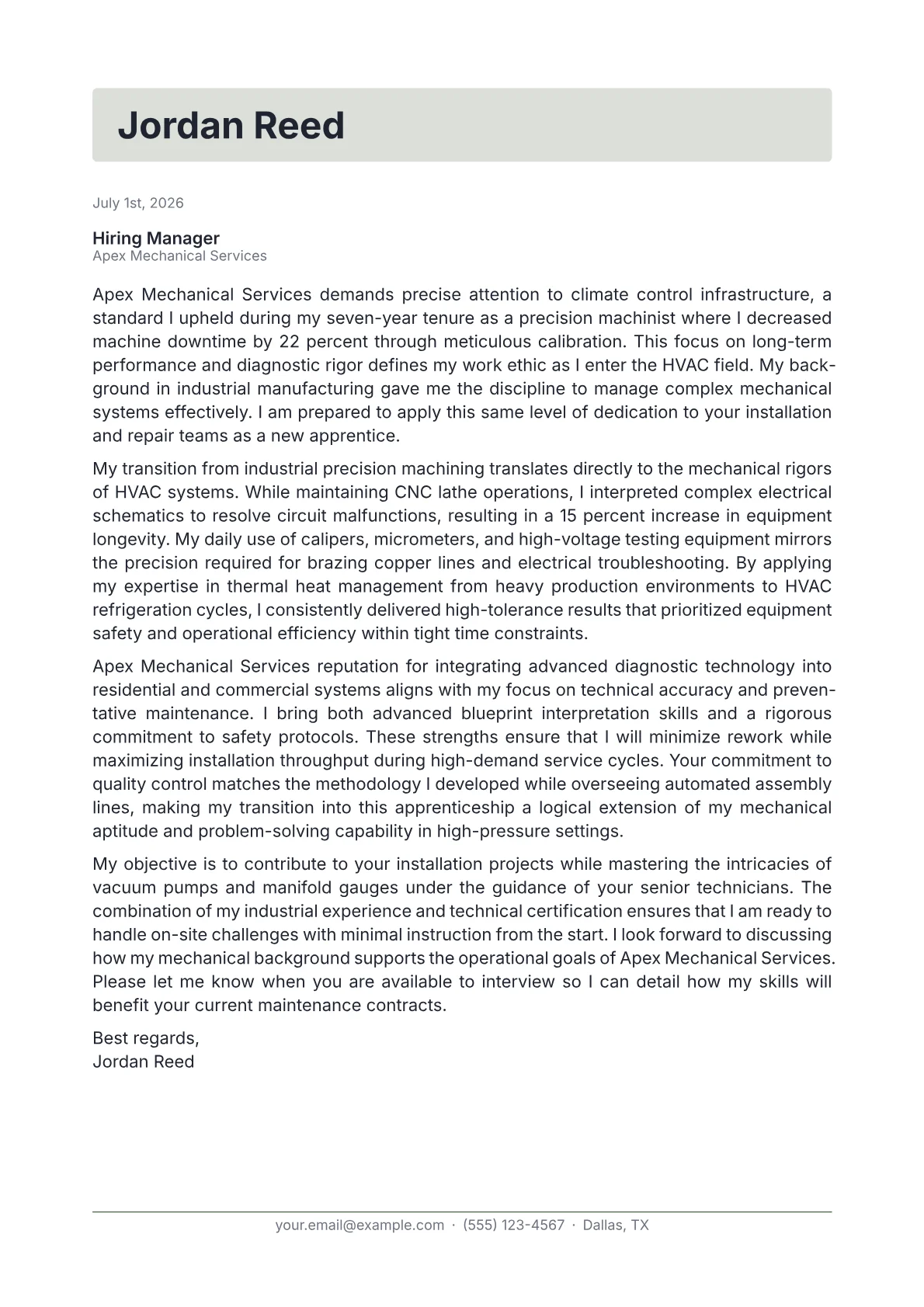 HVAC Apprentice cover letter in the Letterhead design