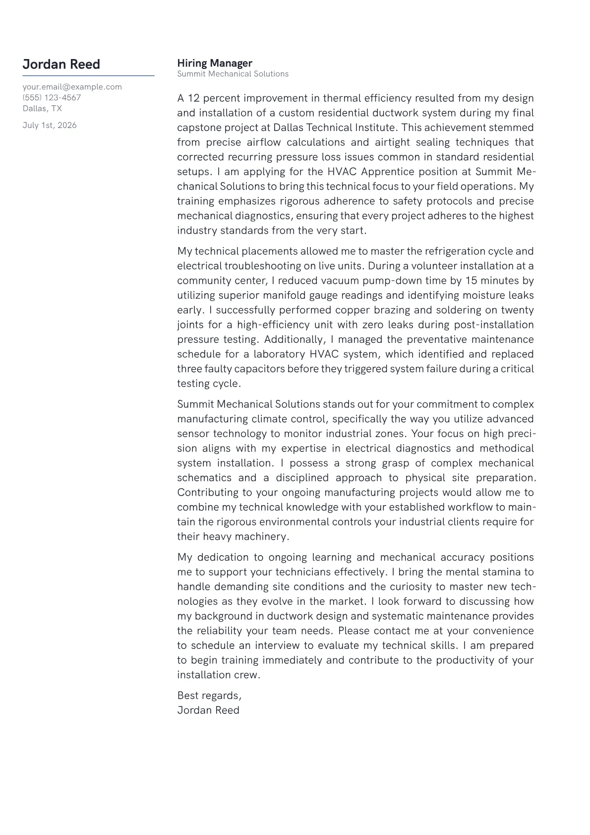 HVAC Apprentice cover letter in the Margin design