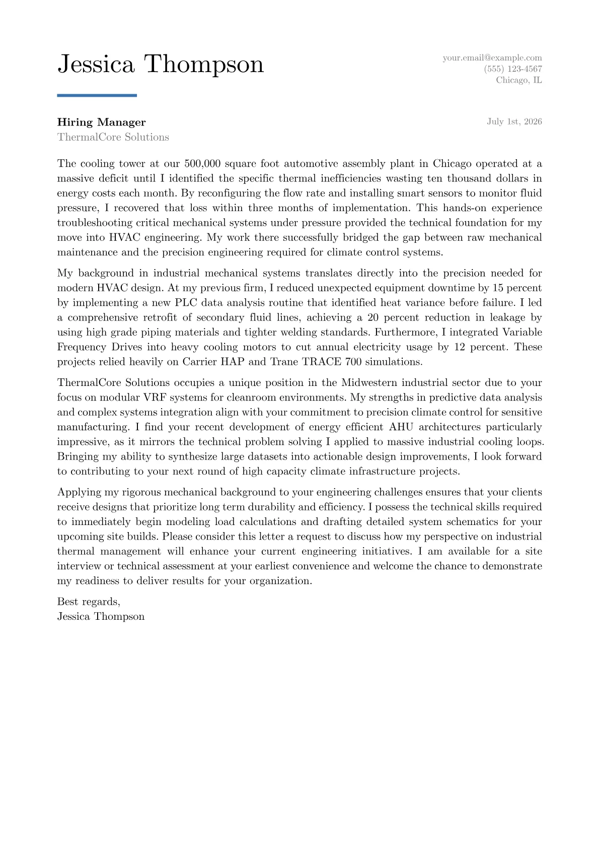 HVAC Engineer cover letter in the Executive design