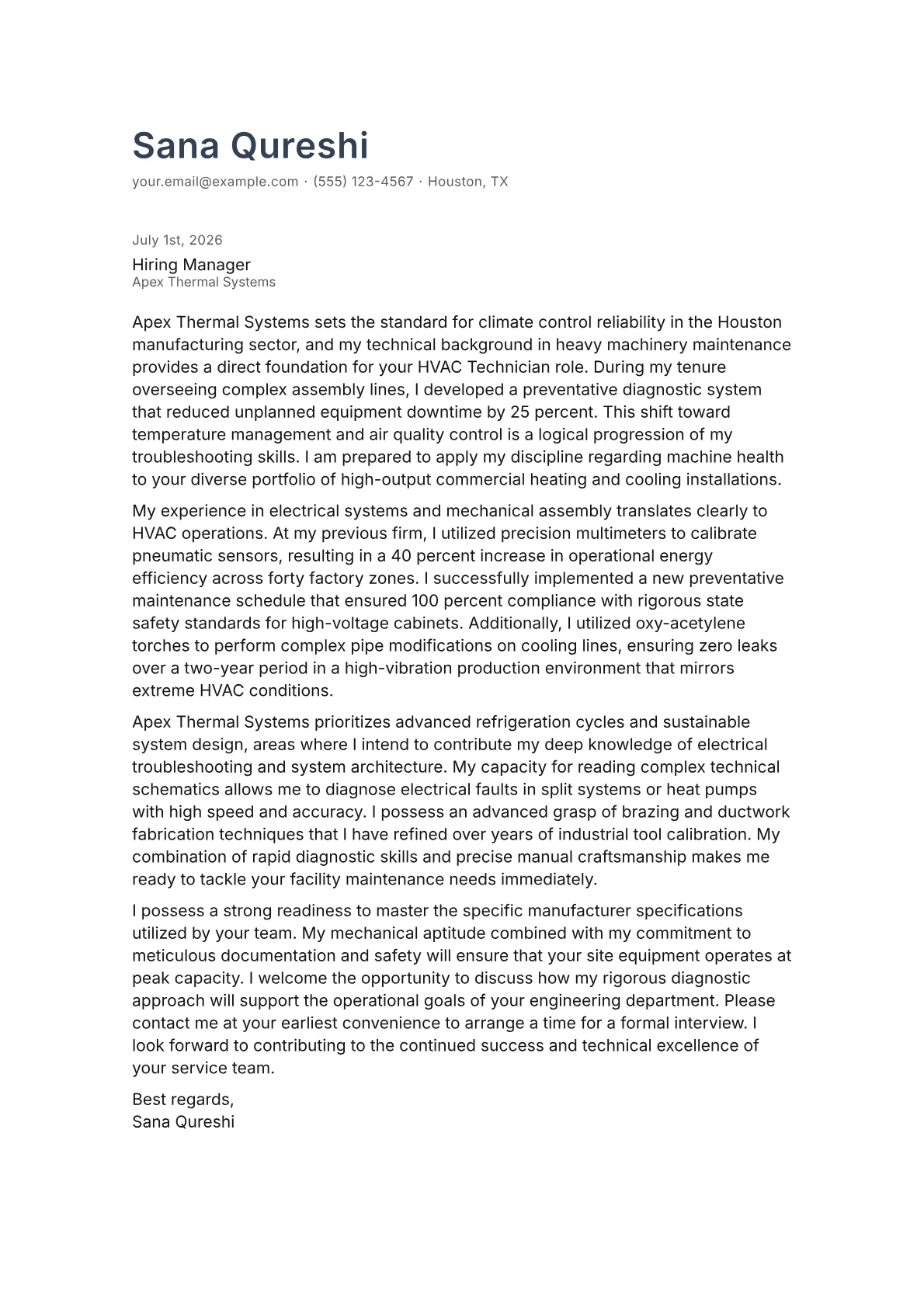 HVAC Technician cover letter in the Minimal design