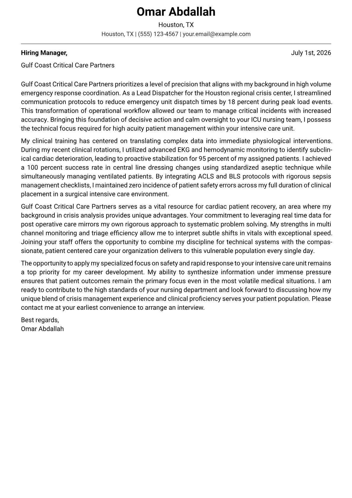 ICU Nurse cover letter formatted with a JobSprout template