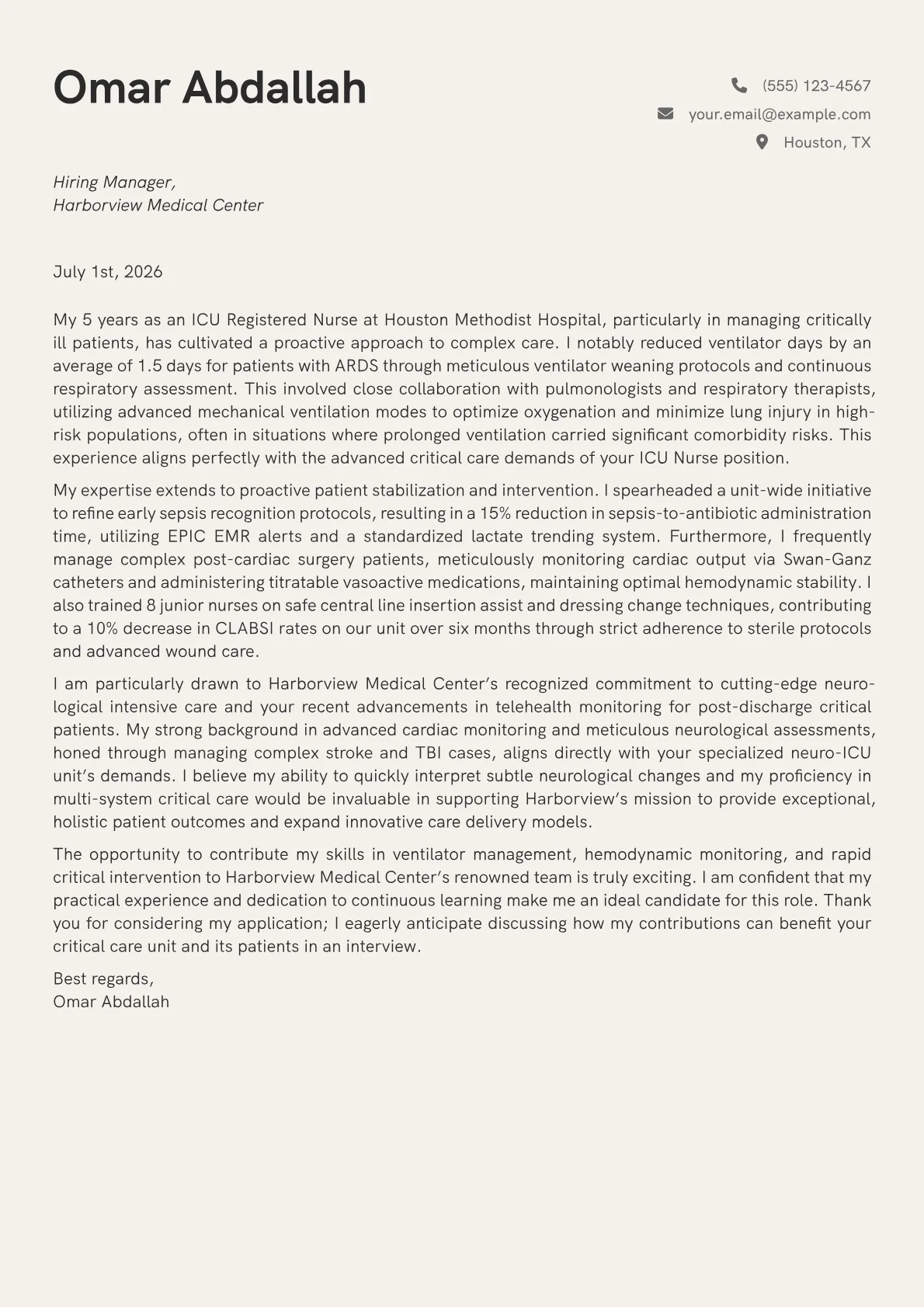 ICU Nurse cover letter formatted with a JobSprout template