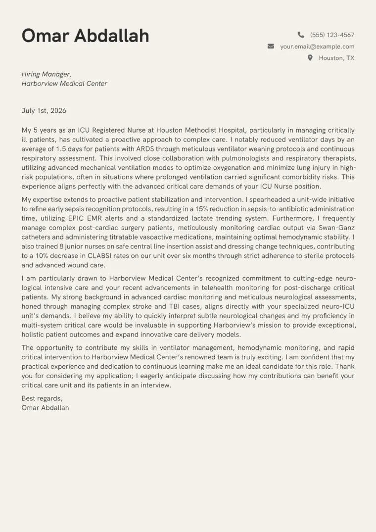 ICU Nurse Cover Letter Example