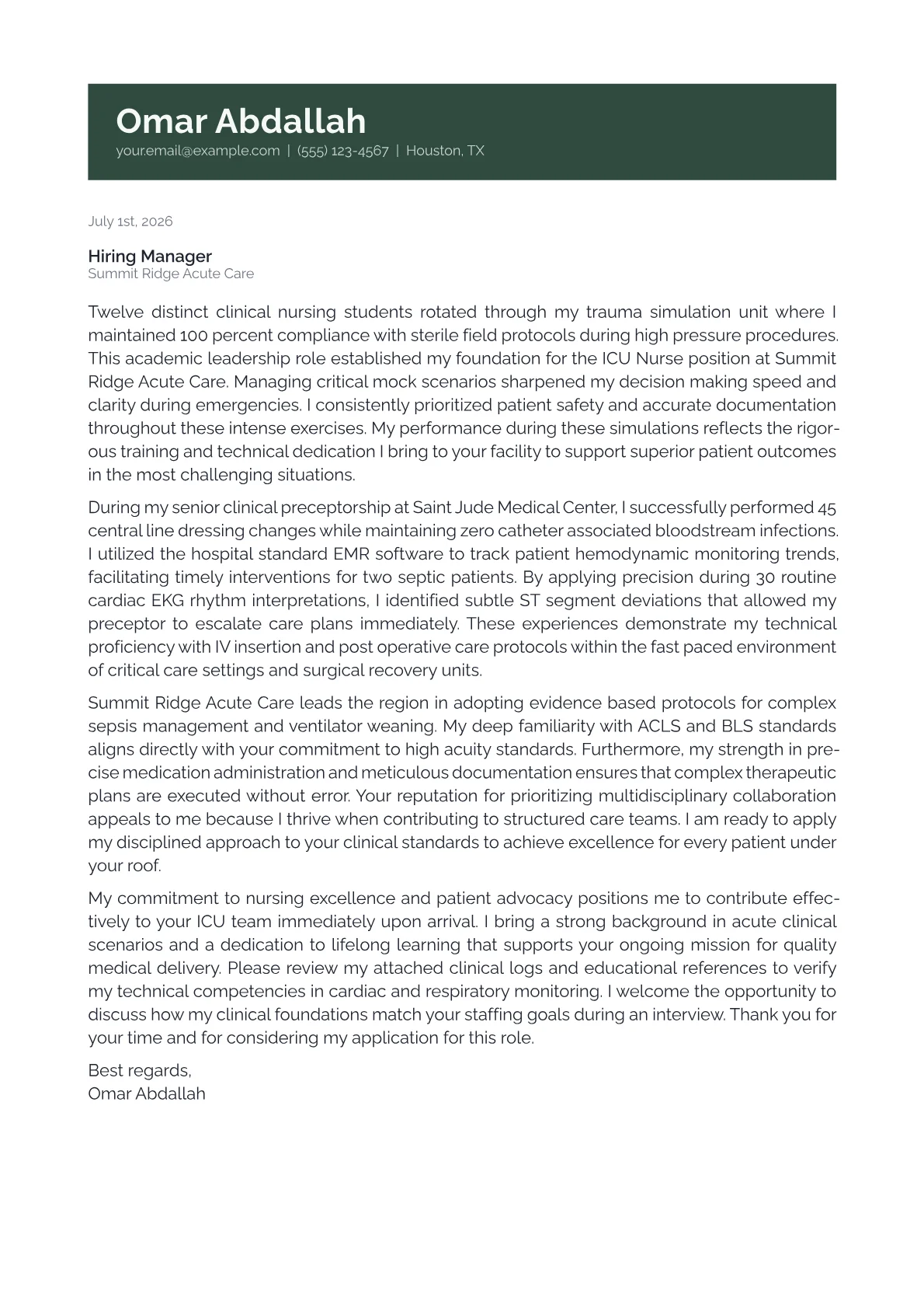 ICU Nurse cover letter formatted with a JobSprout template