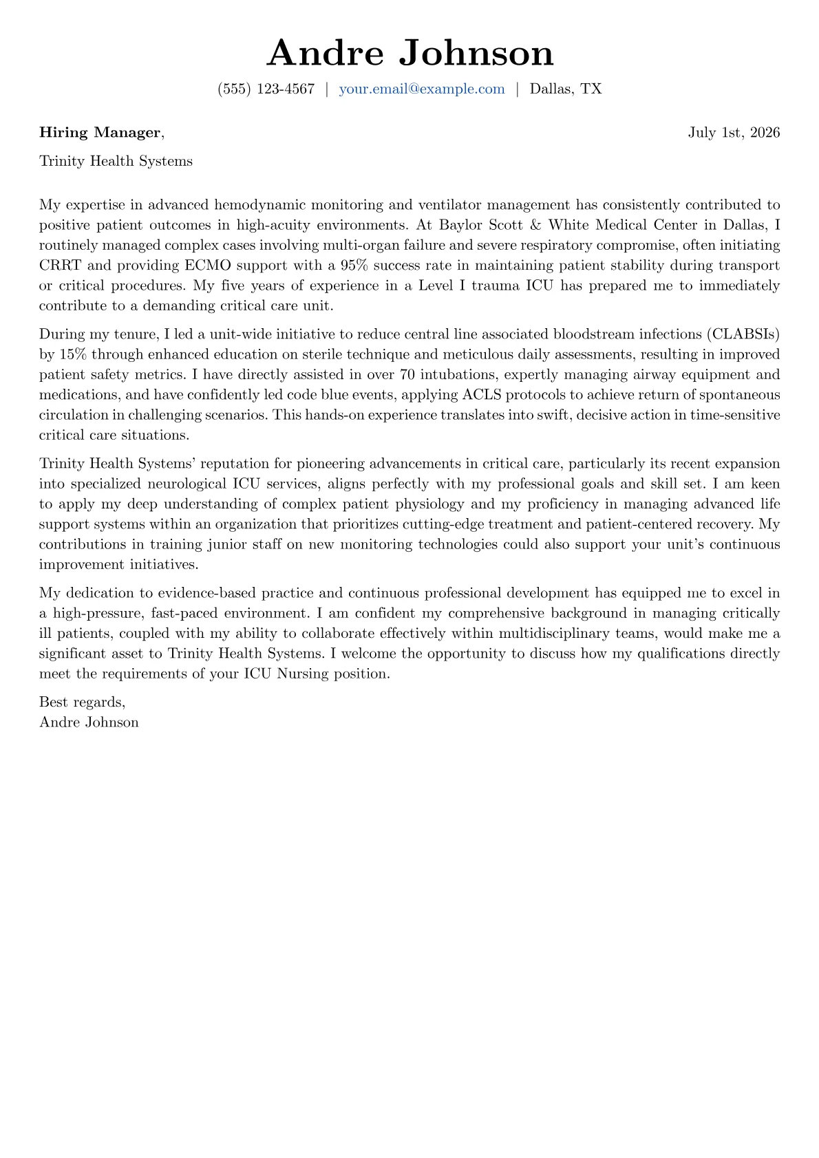 ICU Nursing cover letter formatted with a JobSprout template