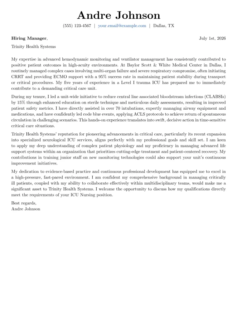 ICU Nursing cover letter example preview