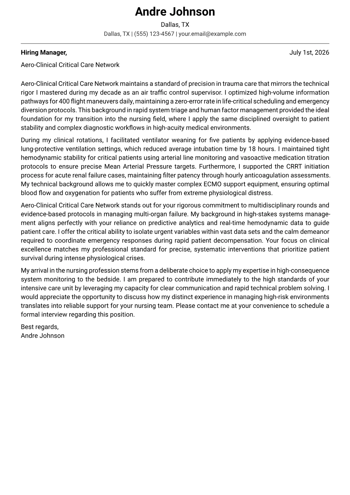 ICU Nursing cover letter in the Modern design