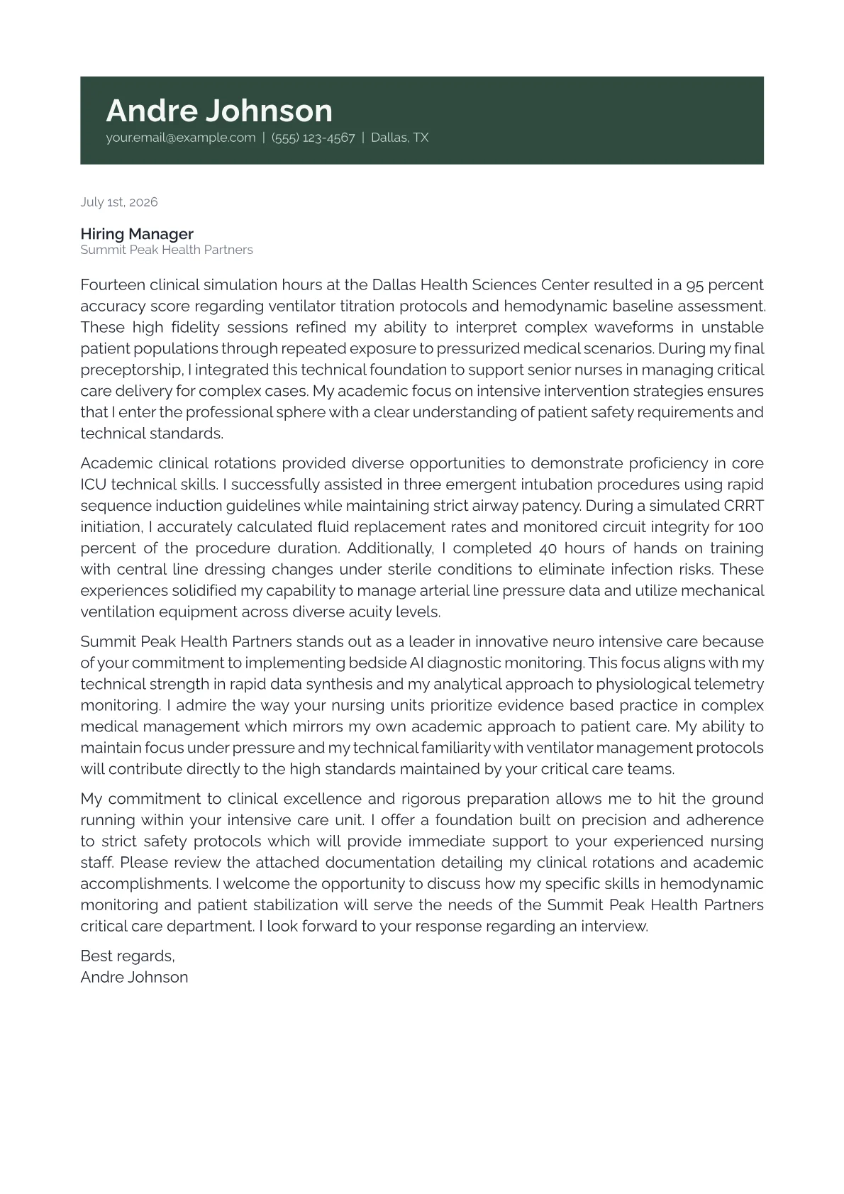 ICU Nursing cover letter in the Banner design
