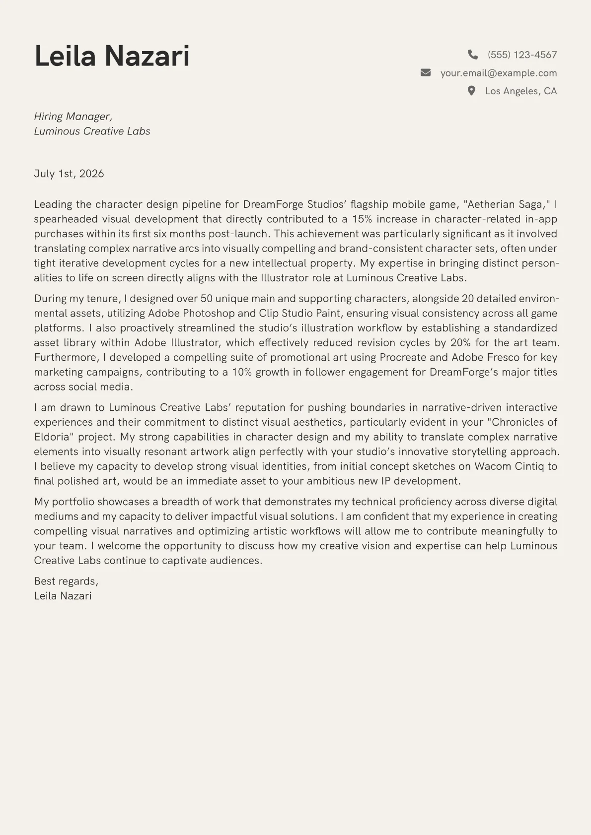 Illustrator cover letter formatted with a JobSprout template