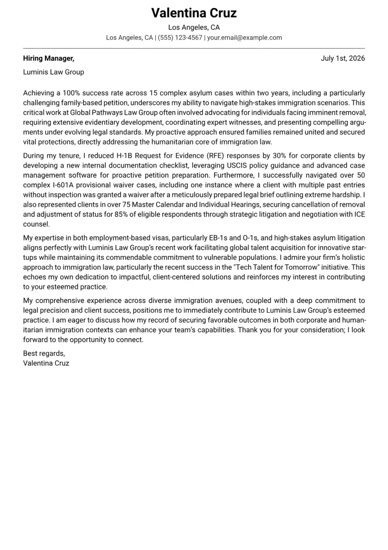 Immigration Lawyer cover letter example preview