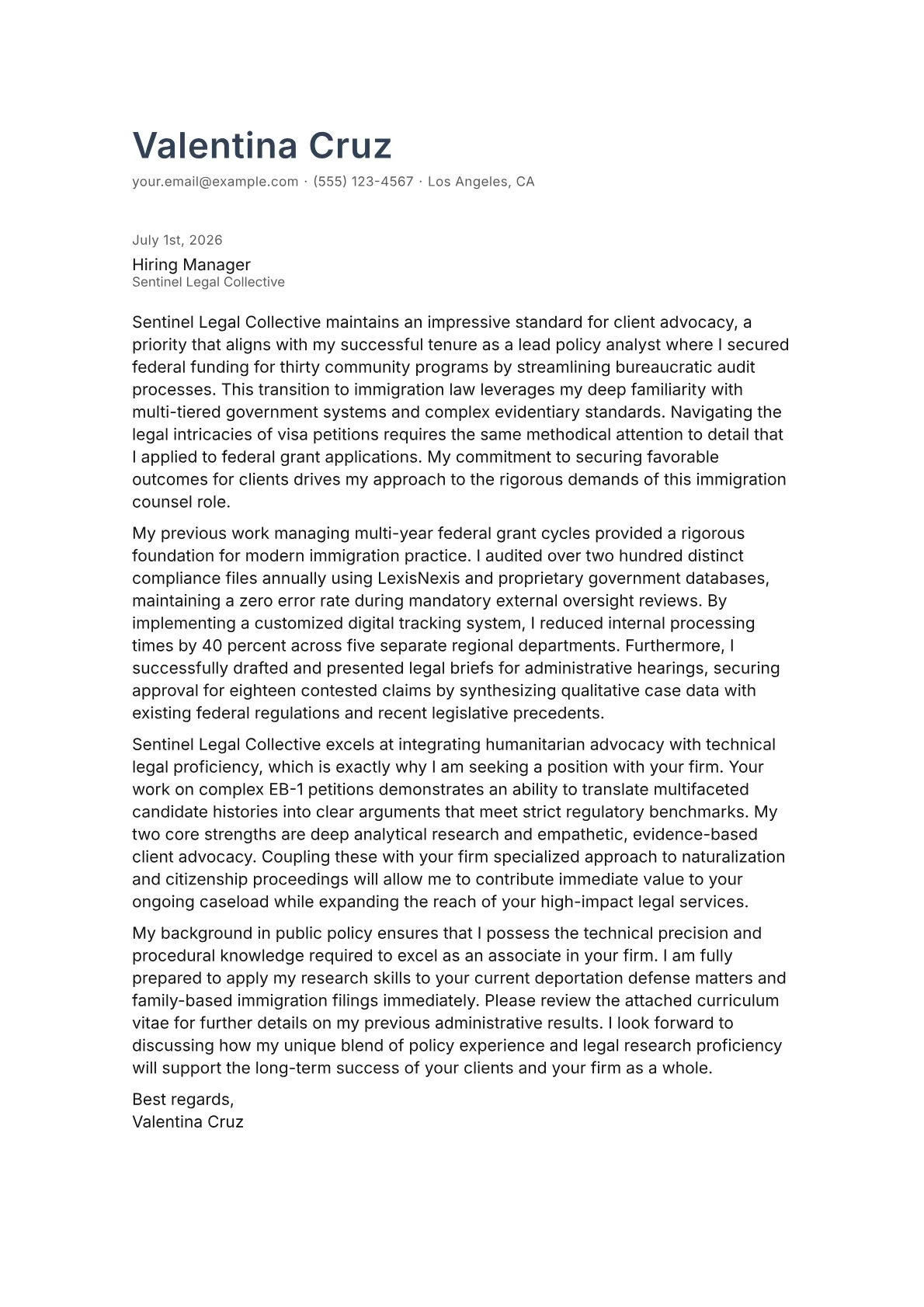 Immigration Lawyer cover letter in the Minimal design