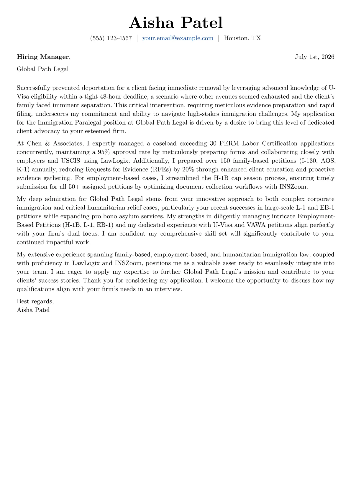 Immigration Paralegal cover letter formatted with a JobSprout template