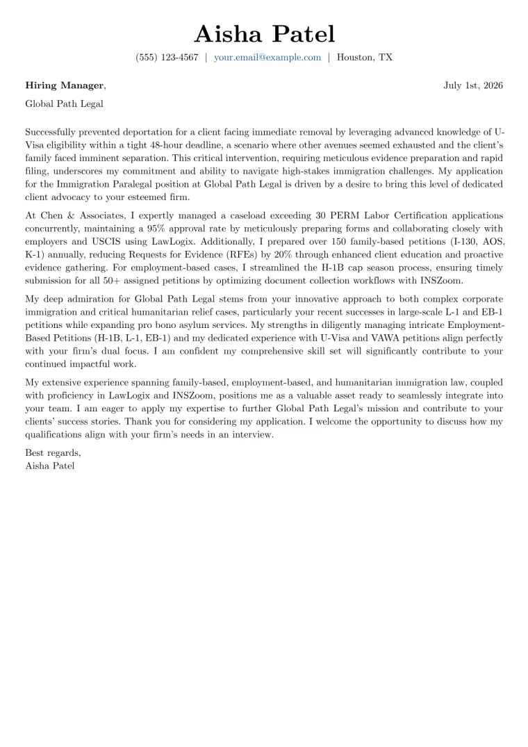 Immigration Paralegal cover letter example preview