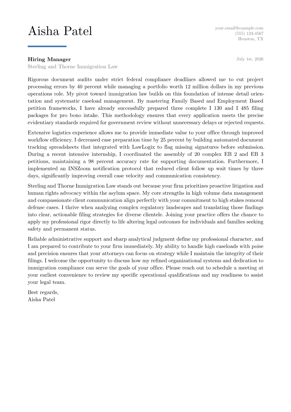 Immigration Paralegal cover letter in the Executive design
