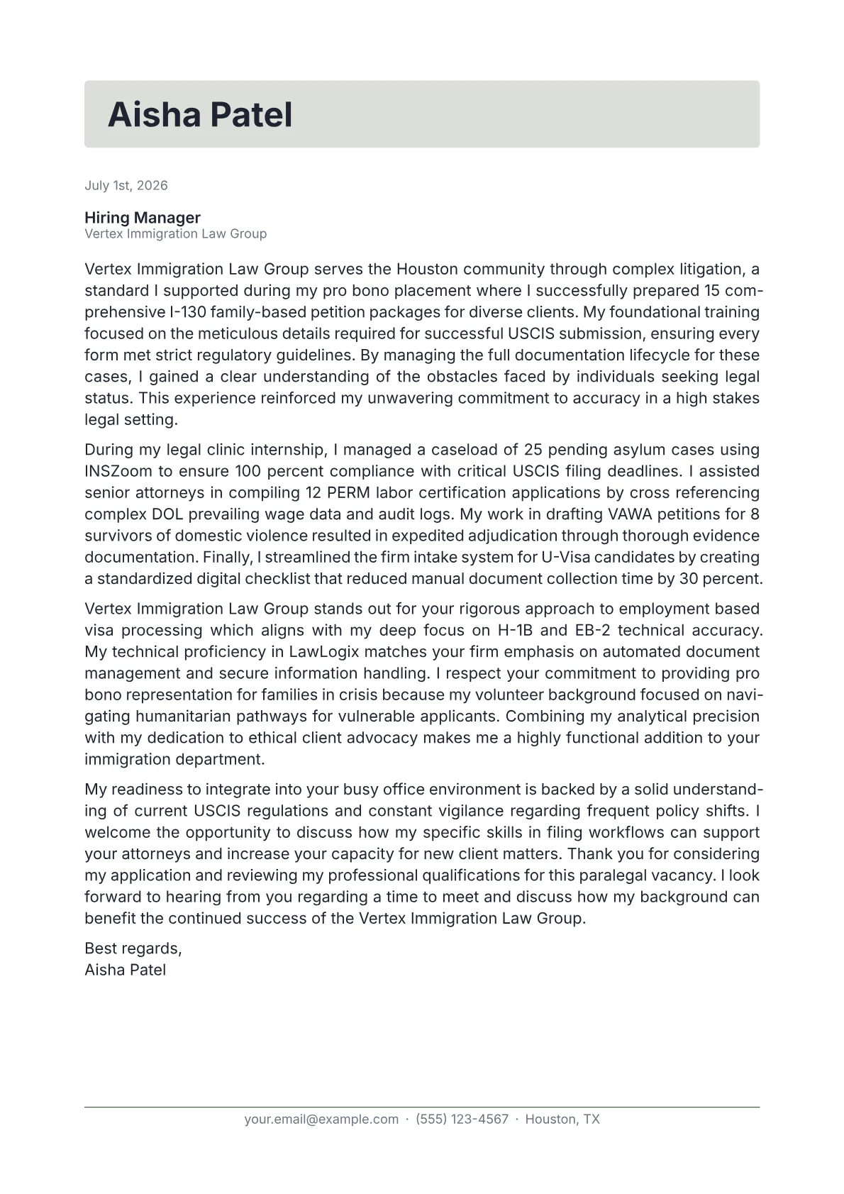Immigration Paralegal cover letter in the Letterhead design