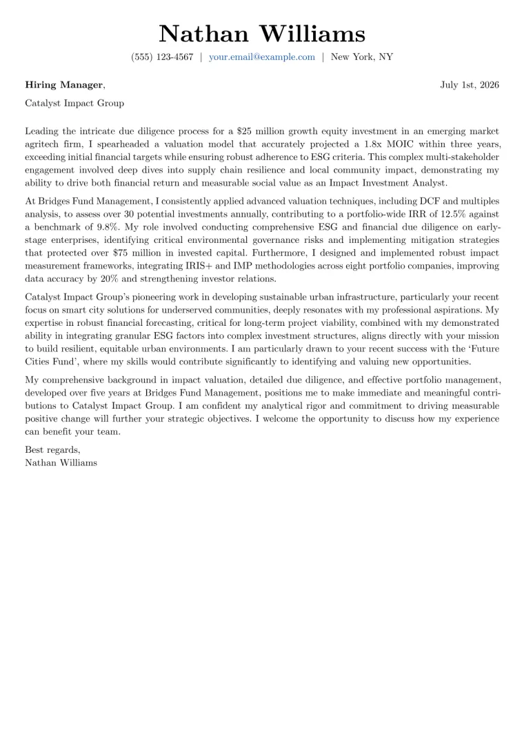 Impact Investment Analyst Cover Letter Example