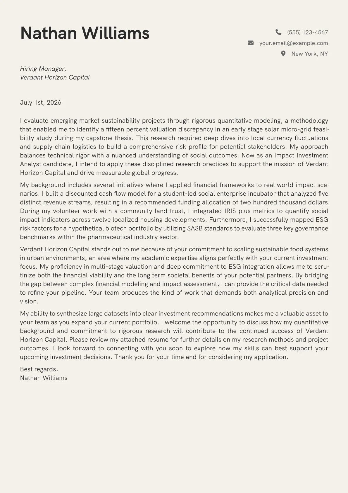 Impact Investment Analyst cover letter in the Creative design