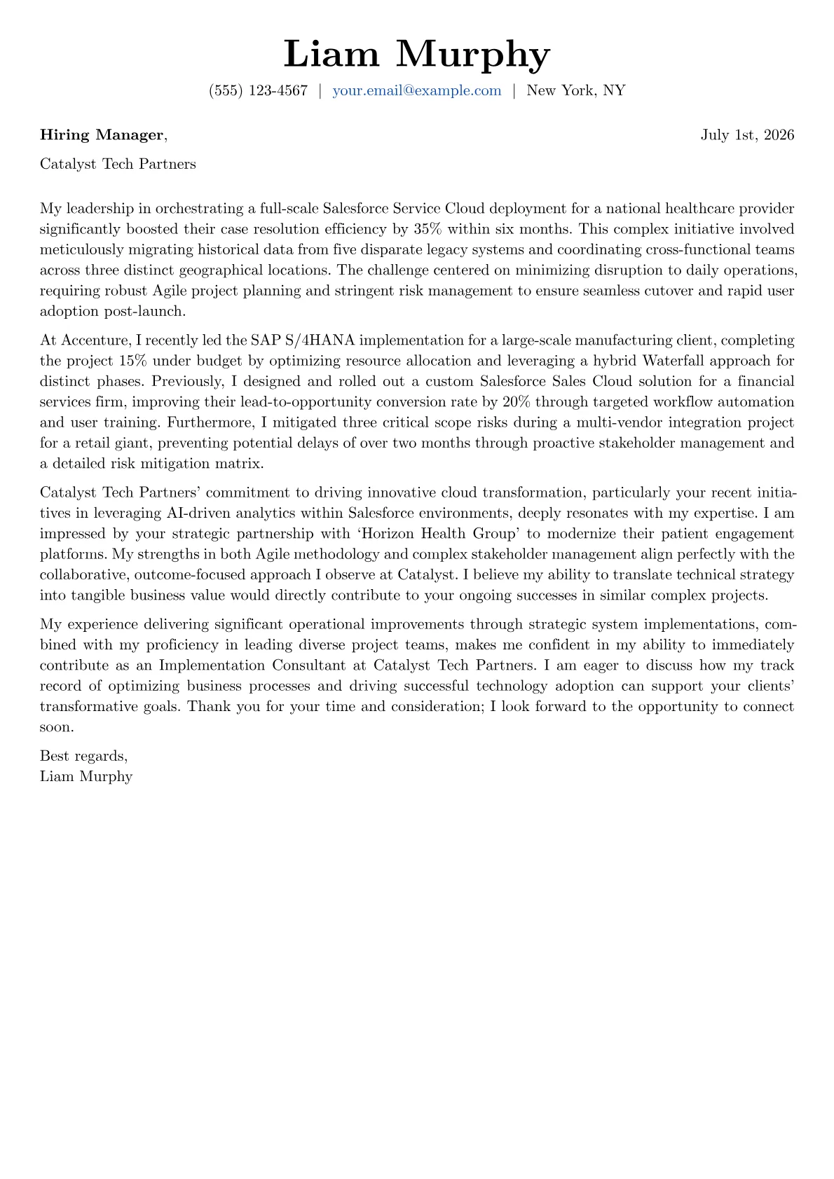 Implementation Consultant cover letter formatted with a JobSprout template