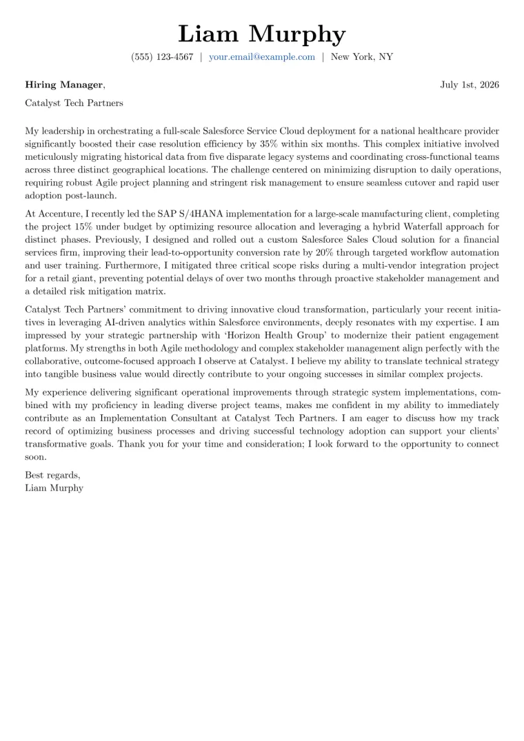 Implementation Consultant cover letter example preview