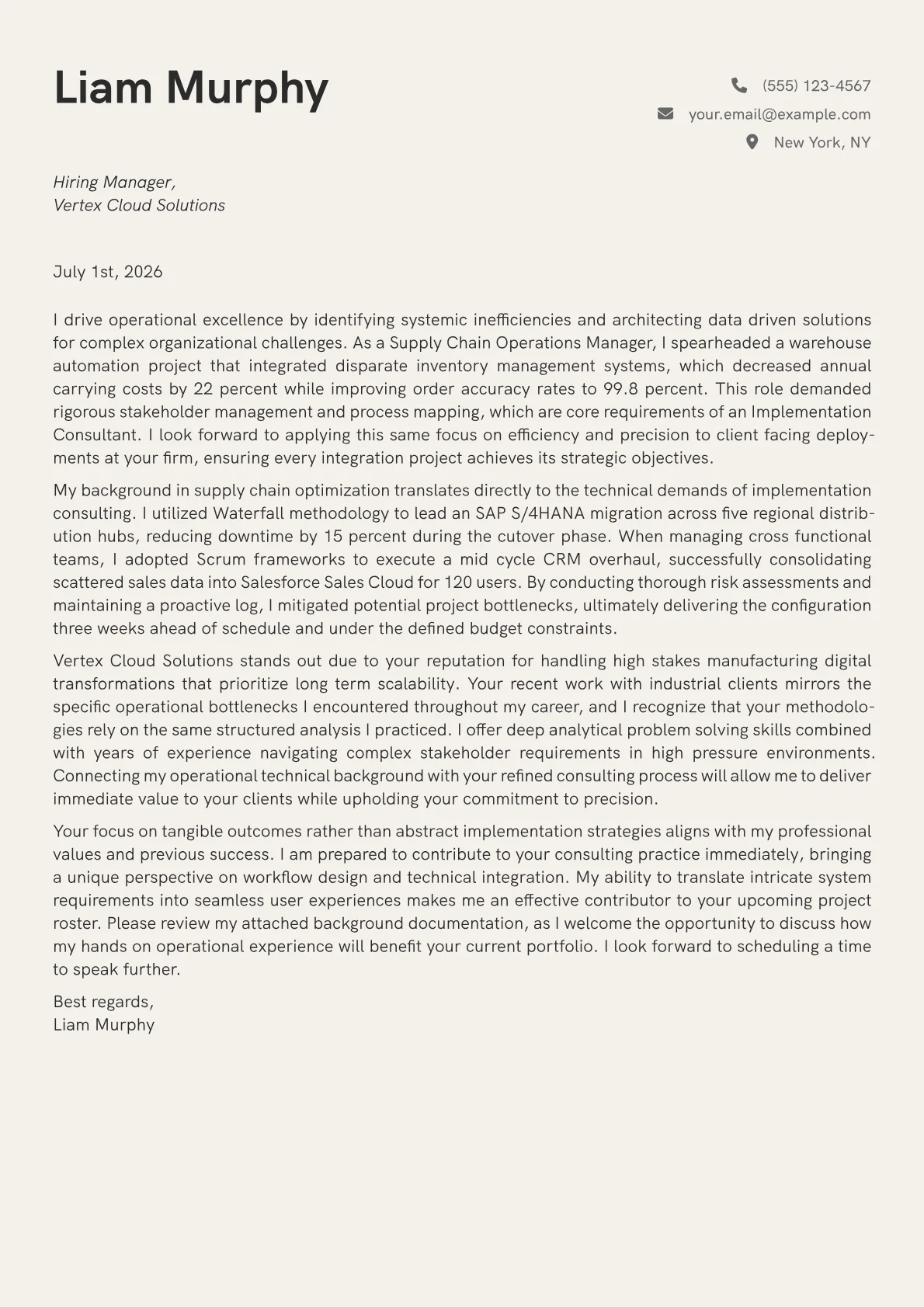 Implementation Consultant cover letter in the Creative design