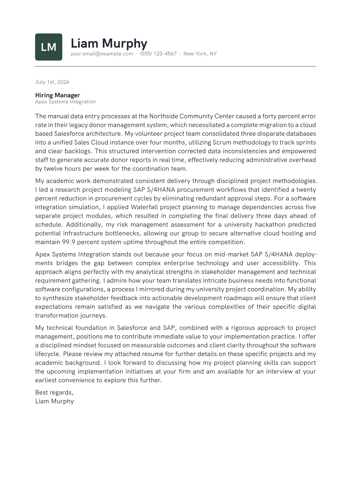Implementation Consultant cover letter in the Emblem design